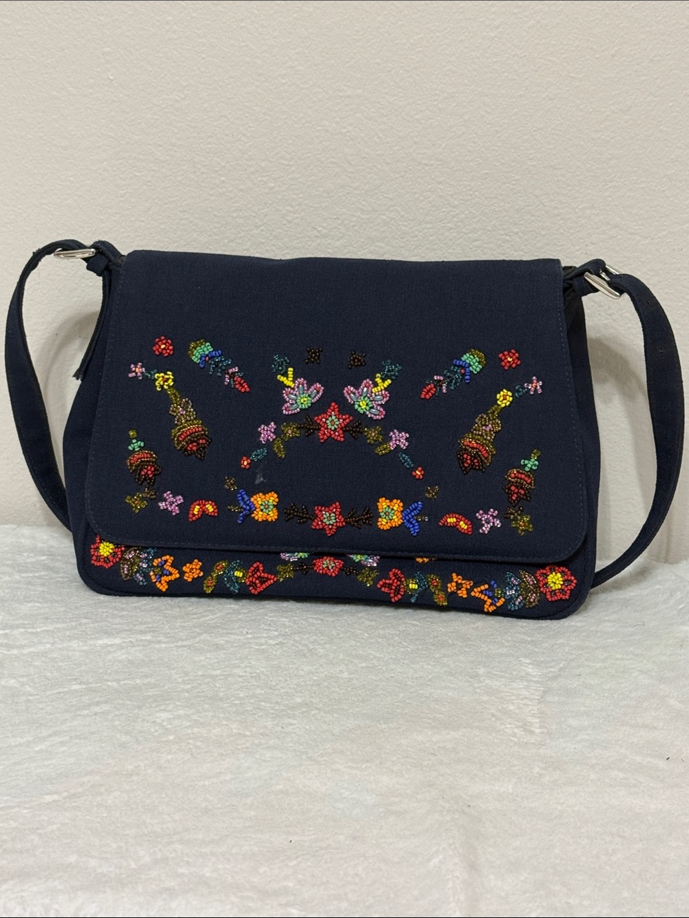 Source Unknown Navy Crossbody Bag with Multicolor Bead Embroidery